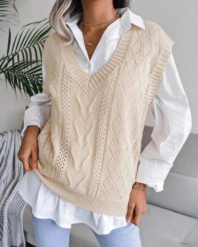 Openwork V - Neck Sweater Vest - Trendsi