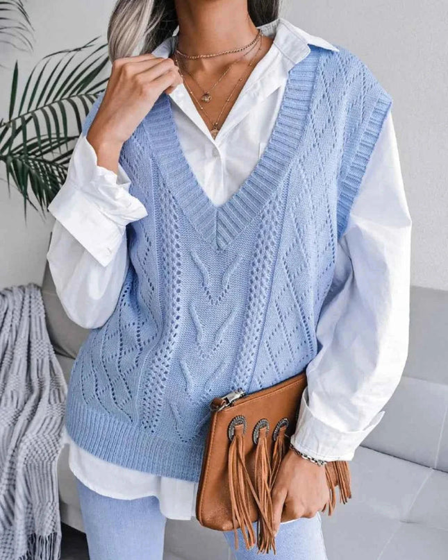 Openwork V - Neck Sweater Vest - Trendsi
