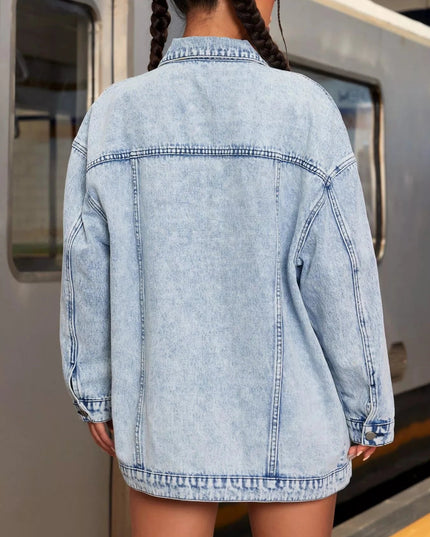 Oversized Button Up Denim Jacket - Trendsi