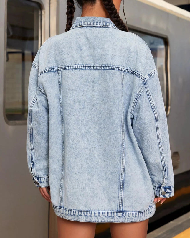 Oversized Button Up Denim Jacket - Trendsi