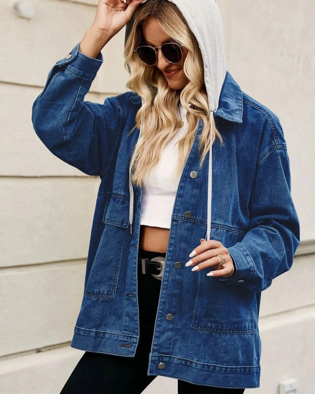 Oversized Button Up Denim Jacket with Hood - Trendsi