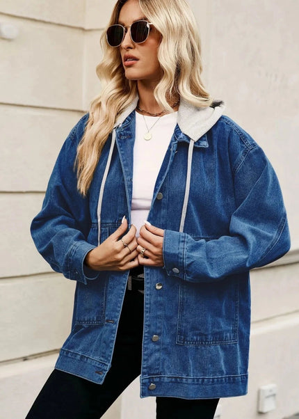 Oversized Button Up Denim Jacket with Hood - Trendsi