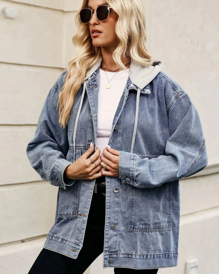 Oversized Button Up Denim Jacket with Hood - Trendsi