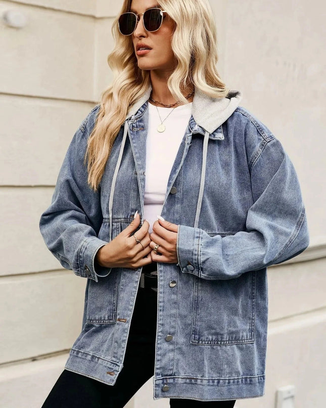Oversized Button Up Denim Jacket with Hood - Trendsi
