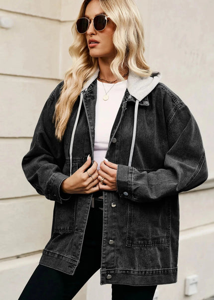 Oversized Button Up Denim Jacket with Hood - Trendsi