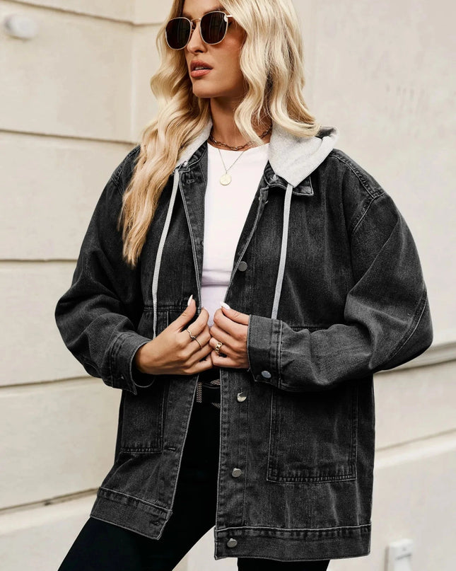Oversized Button Up Denim Jacket with Hood - Trendsi