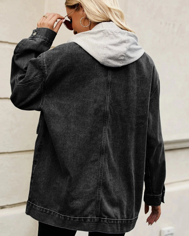 Oversized Button Up Denim Jacket with Hood - Trendsi
