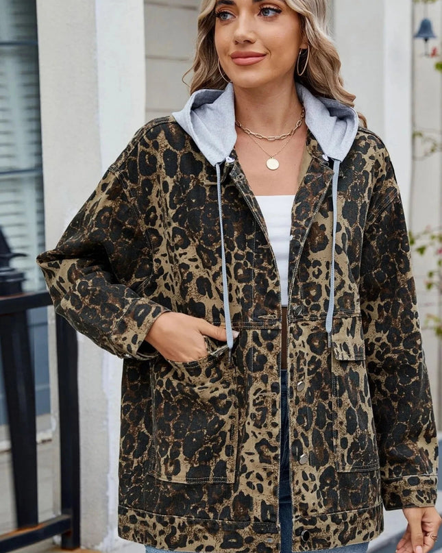 Oversized Button Up Denim Jacket with Hood - Trendsi