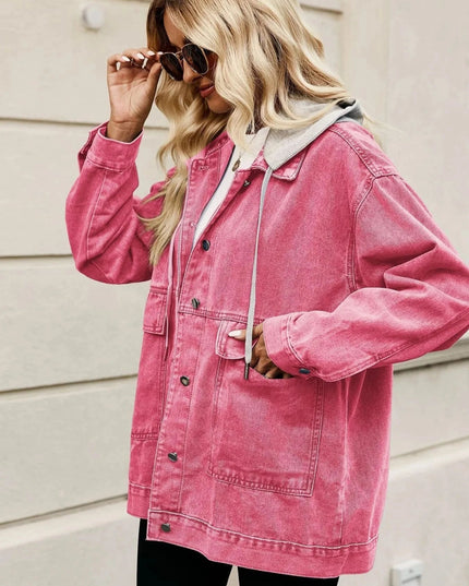 Oversized Button Up Denim Jacket with Hood - Trendsi
