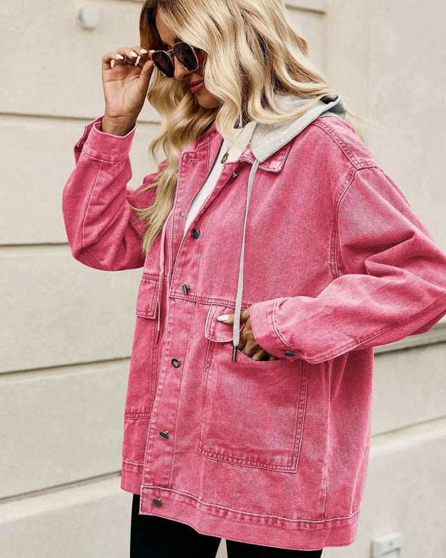 Oversized Button Up Denim Jacket with Hood - Trendsi