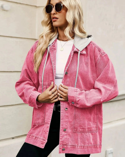 Oversized Button Up Denim Jacket with Hood - Trendsi