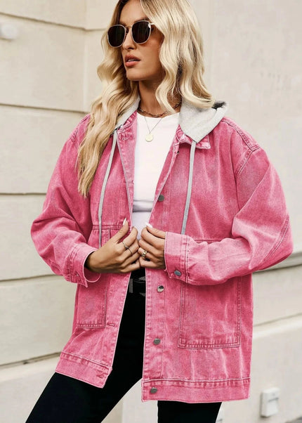 Oversized Button Up Denim Jacket with Hood - Trendsi