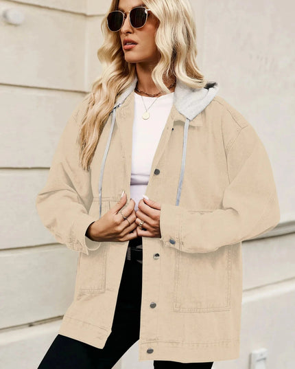 Oversized Button Up Denim Jacket with Hood - Trendsi
