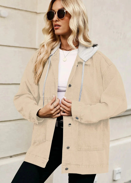 Oversized Button Up Denim Jacket with Hood - Trendsi