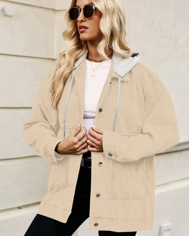 Oversized Button Up Denim Jacket with Hood - Trendsi