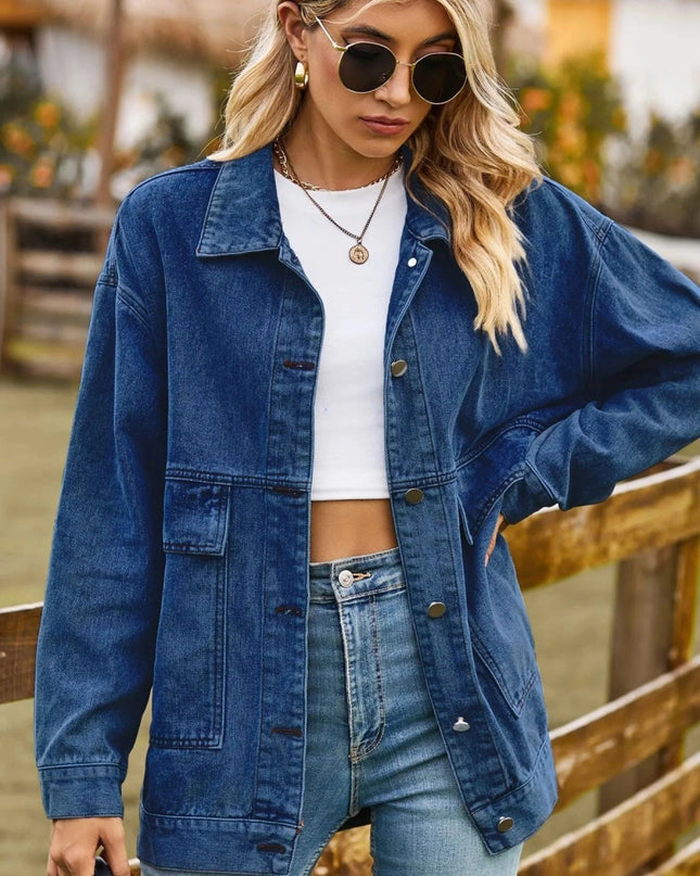Oversized Button Up Denim Jacket with Hood - Trendsi