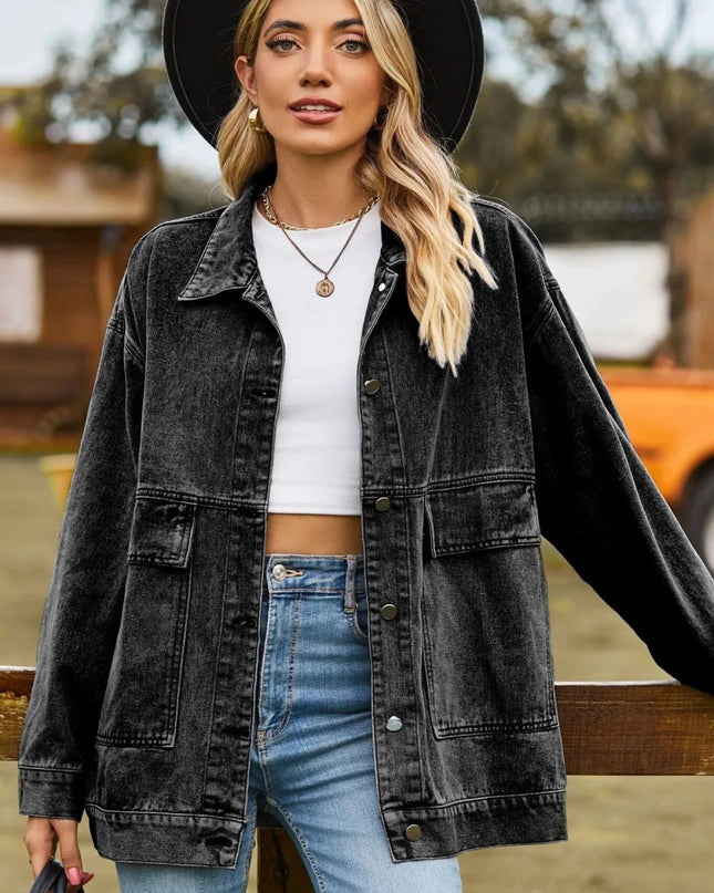 Oversized Button Up Denim Jacket with Hood - Trendsi