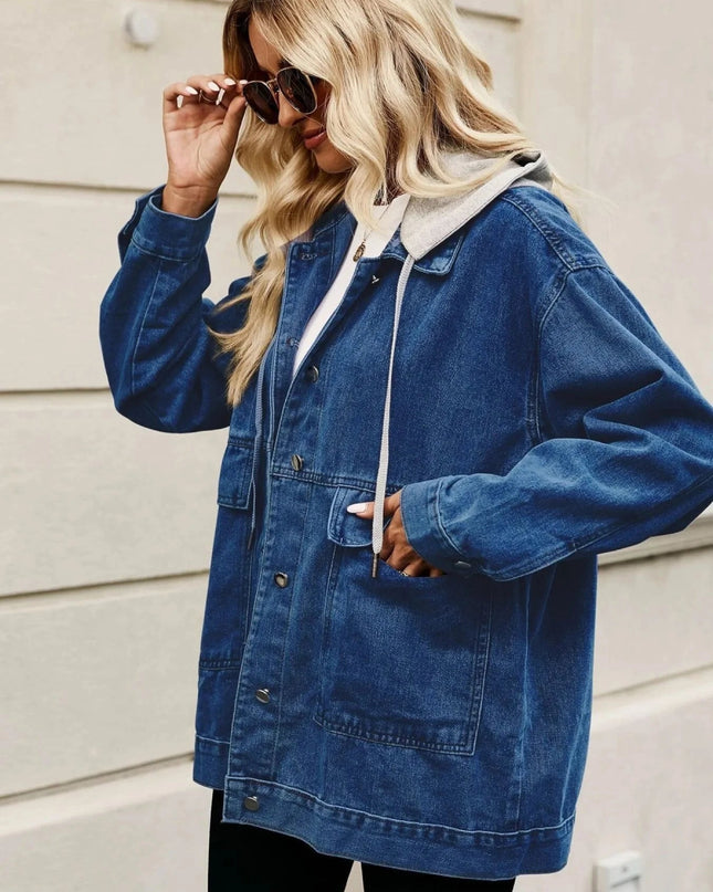 Oversized Button Up Denim Jacket with Hood - Trendsi
