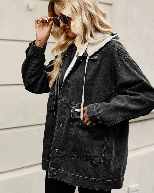 Oversized Button Up Denim Jacket with Hood - Trendsi