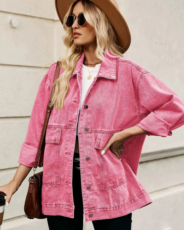 Oversized Button Up Denim Jacket with Hood - Trendsi