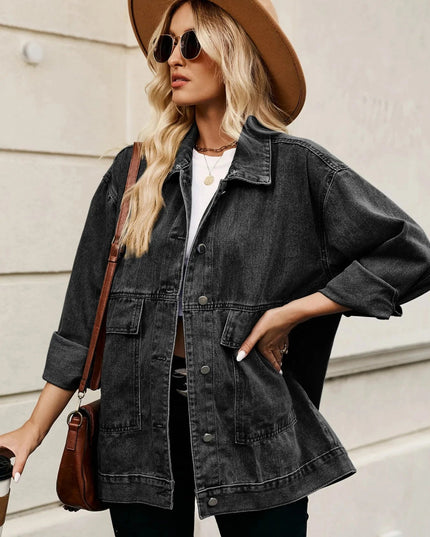 Oversized Button Up Denim Jacket with Hood - Trendsi