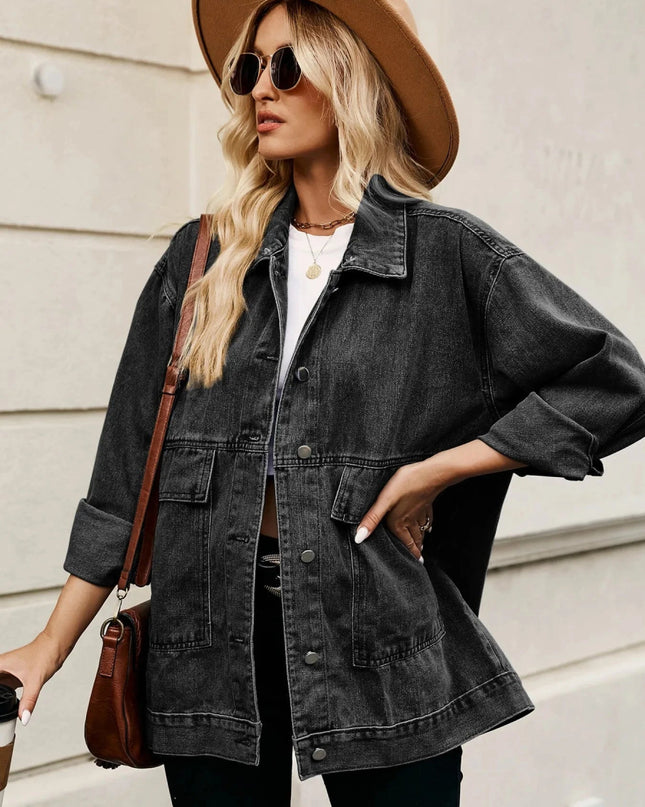 Oversized Button Up Denim Jacket with Hood - Trendsi