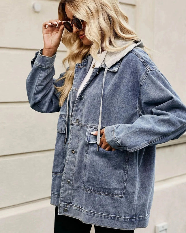 Oversized Button Up Denim Jacket with Hood - Trendsi