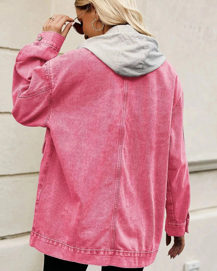 Oversized Button Up Denim Jacket with Hood - Trendsi