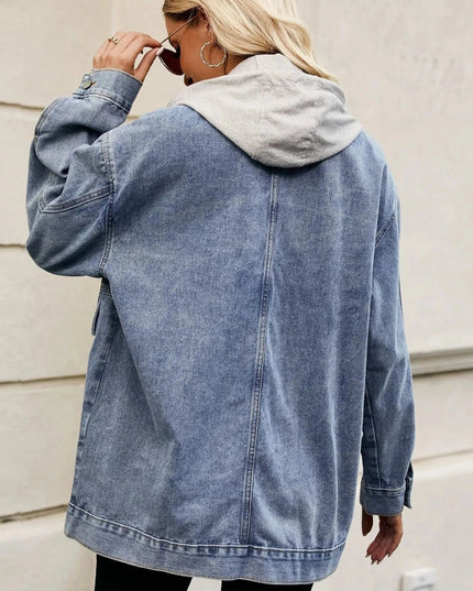 Oversized Button Up Denim Jacket with Hood - Trendsi