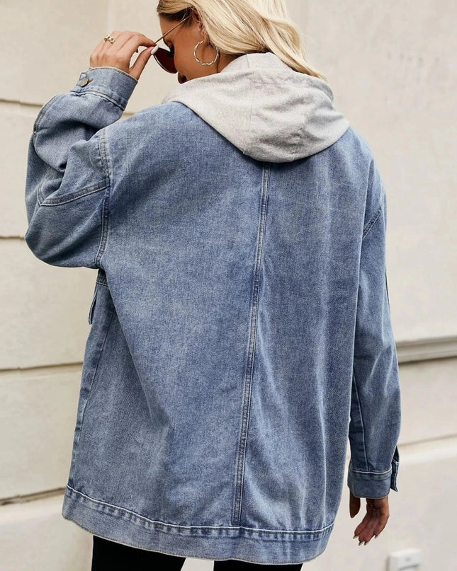 Oversized Button Up Denim Jacket with Hood - Trendsi