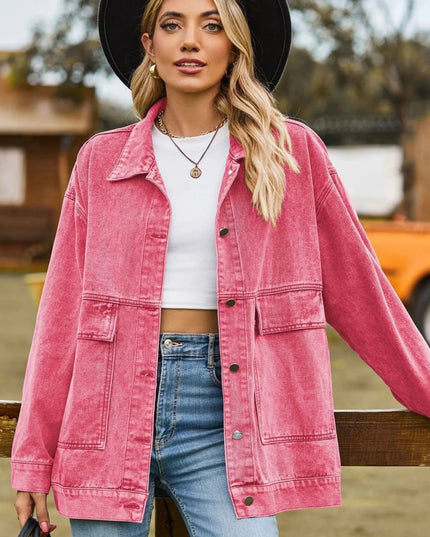 Oversized Button Up Denim Jacket with Hood - Trendsi