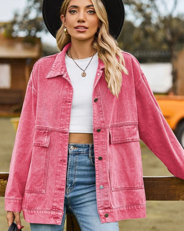Oversized Button Up Denim Jacket with Hood - Trendsi