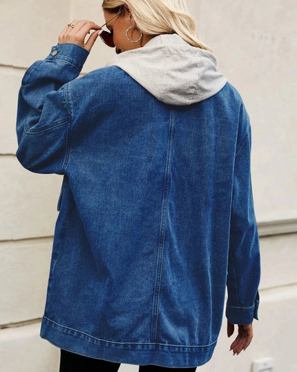 Oversized Button Up Denim Jacket with Hood - Trendsi