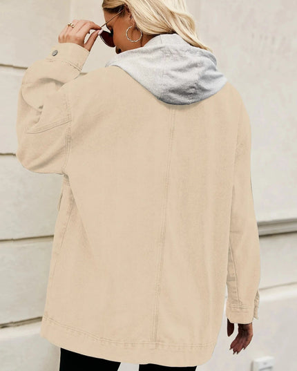 Oversized Button Up Denim Jacket with Hood - Trendsi