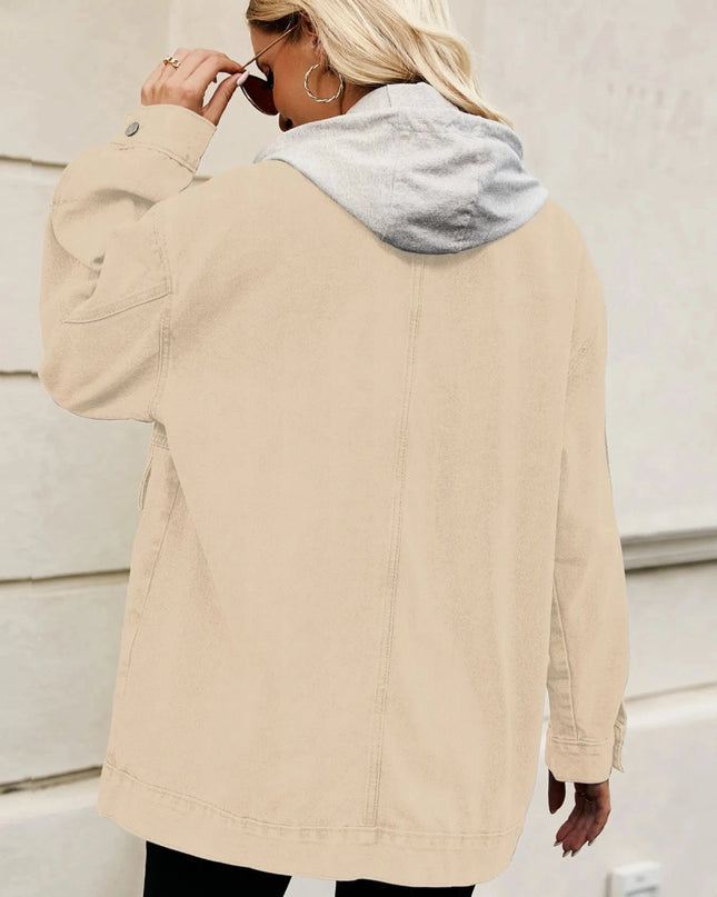 Oversized Button Up Denim Jacket with Hood - Trendsi