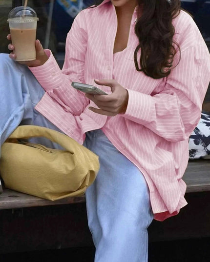 Oversized Striped Button - Down Shirt - Trendsi