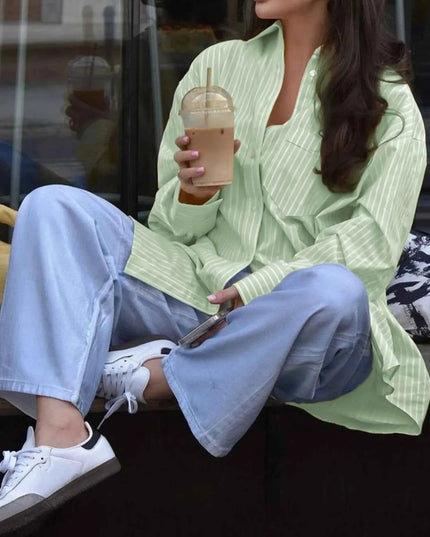 Oversized Striped Button - Down Shirt - Trendsi
