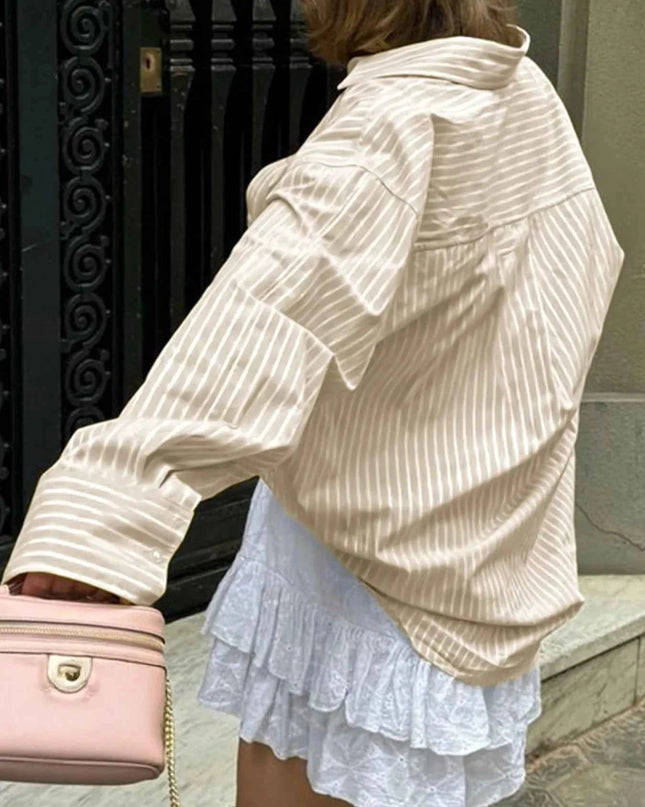 Oversized Striped Button - Down Shirt - Trendsi