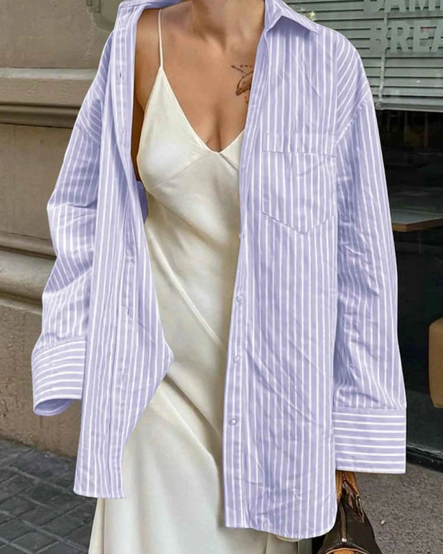 Oversized Striped Button - Down Shirt - Trendsi