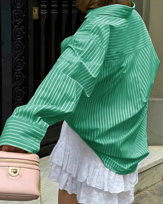 Oversized Striped Button - Down Shirt - Trendsi
