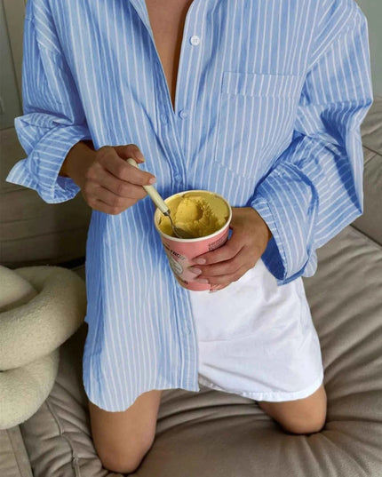 Oversized Striped Button - Down Shirt - Trendsi