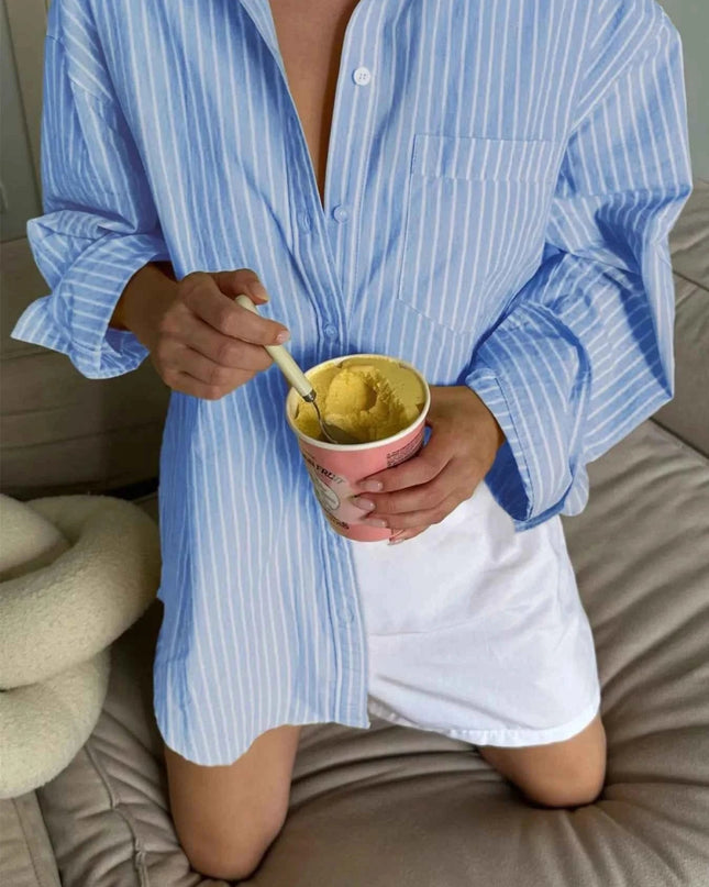 Oversized Striped Button - Down Shirt - Trendsi