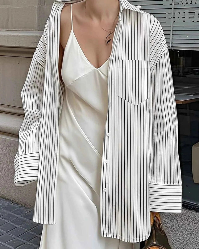 Oversized Striped Button - Down Shirt - Trendsi