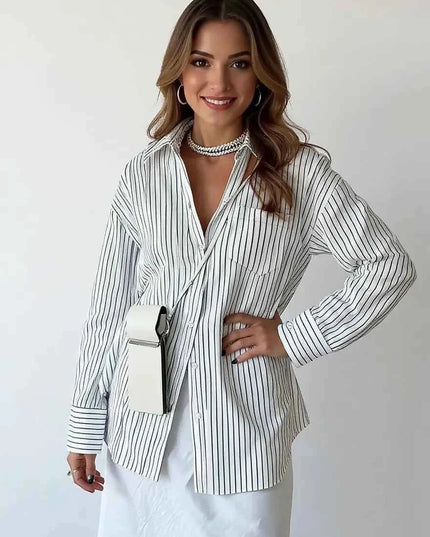 Oversized Striped Button - Down Shirt - Trendsi