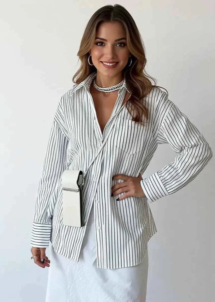 Oversized Striped Button - Down Shirt - Trendsi