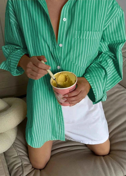 Oversized Striped Button - Down Shirt - Trendsi