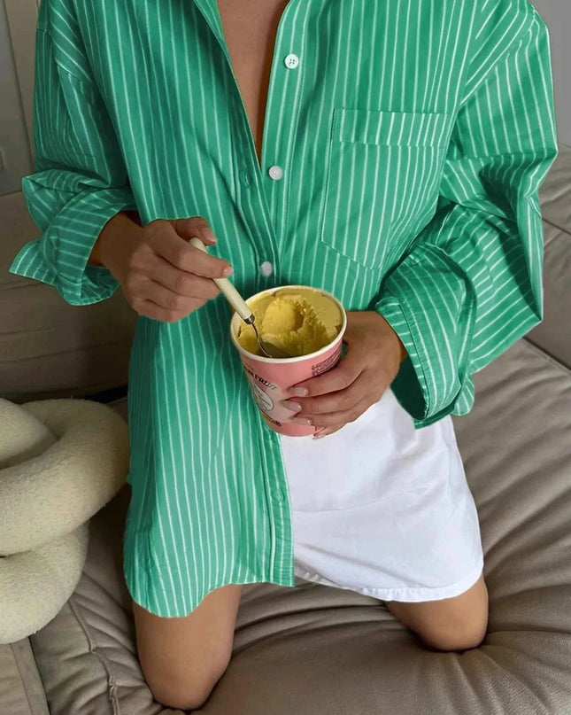 Oversized Striped Button - Down Shirt - Trendsi