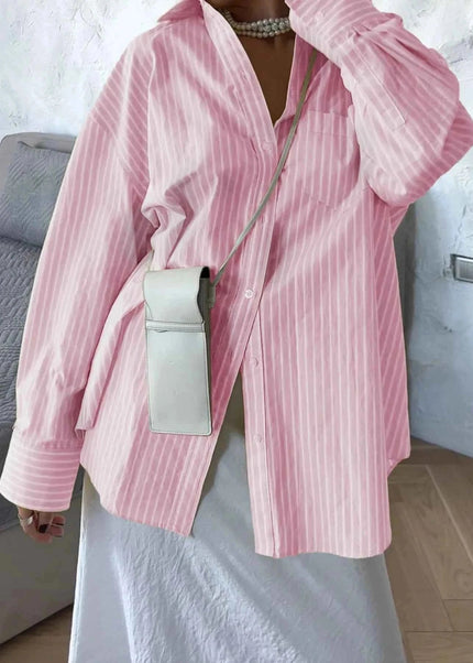 Oversized Striped Button - Down Shirt - Trendsi