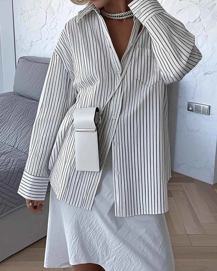Oversized Striped Button - Down Shirt - Trendsi