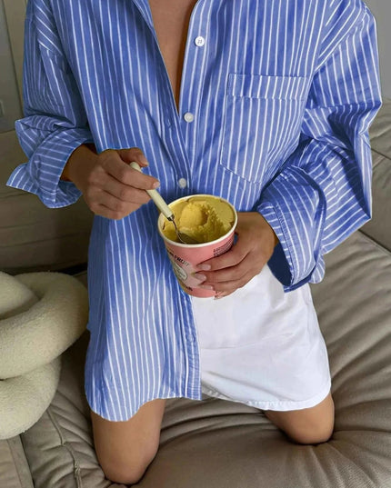 Oversized Striped Button - Down Shirt - Trendsi